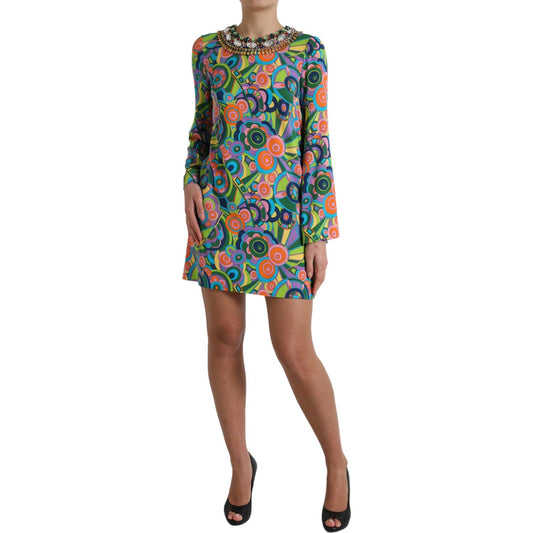Dolce & Gabbana Multicolor Geometric Print Silk Crystals Midi Dress