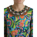 Dolce & Gabbana Multicolor Geometric Print Silk Crystals Midi Dress