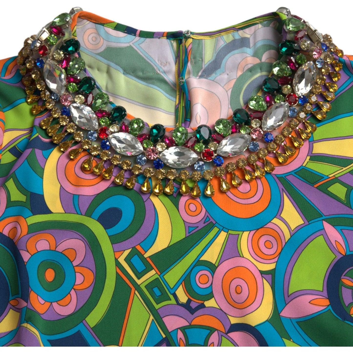 Dolce & Gabbana Multicolor Geometric Print Silk Crystals Midi Dress