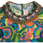 Dolce & Gabbana Multicolor Geometric Print Silk Crystals Midi Dress