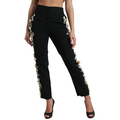 Dolce & Gabbana Black Floral Applique High Waist Tapered Pants