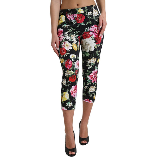 Dolce & Gabbana Black Floral Print Mid Waist Cropped Pants