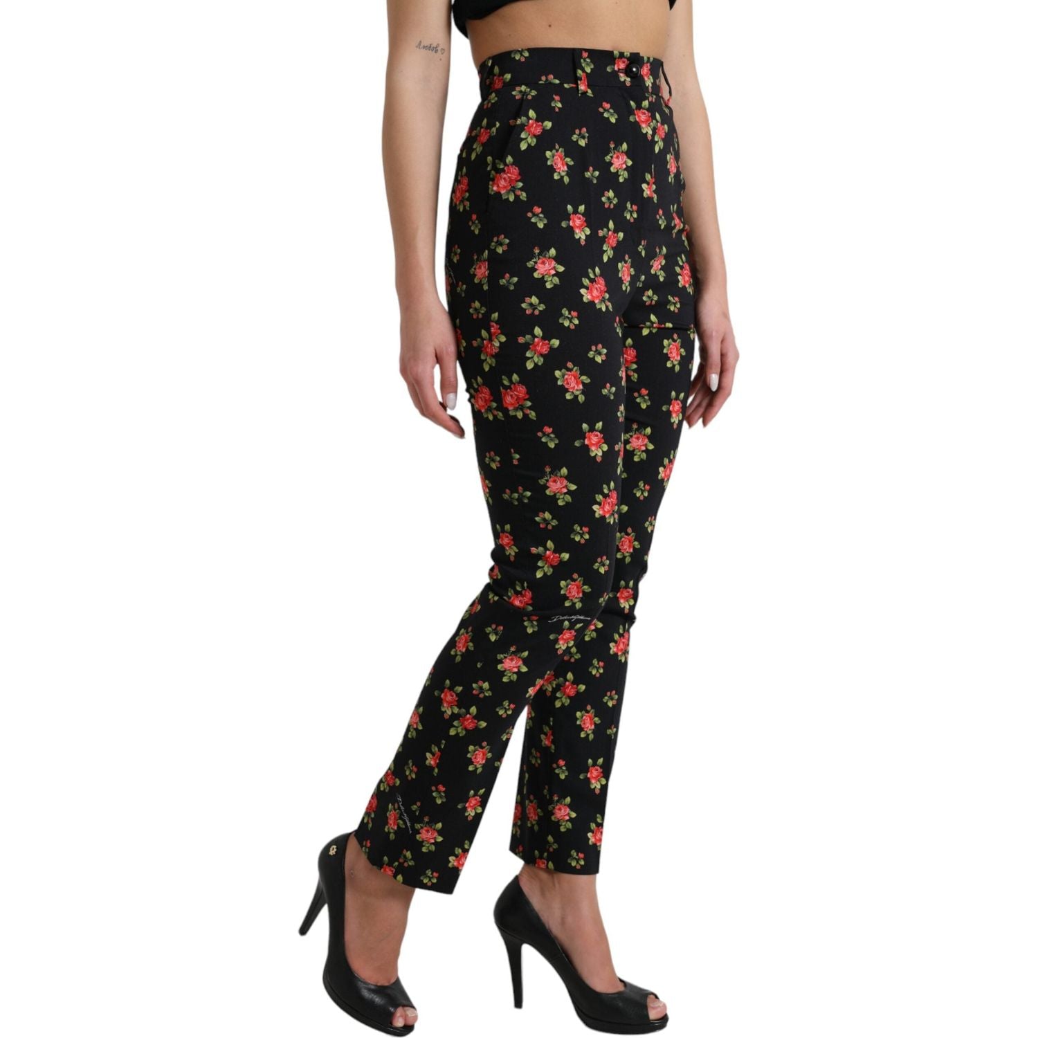 Dolce & Gabbana Black Floral Wool High Waist Tapered Pants