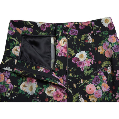 Dolce & Gabbana Black Floral Wool High Waist Wide Leg Pants