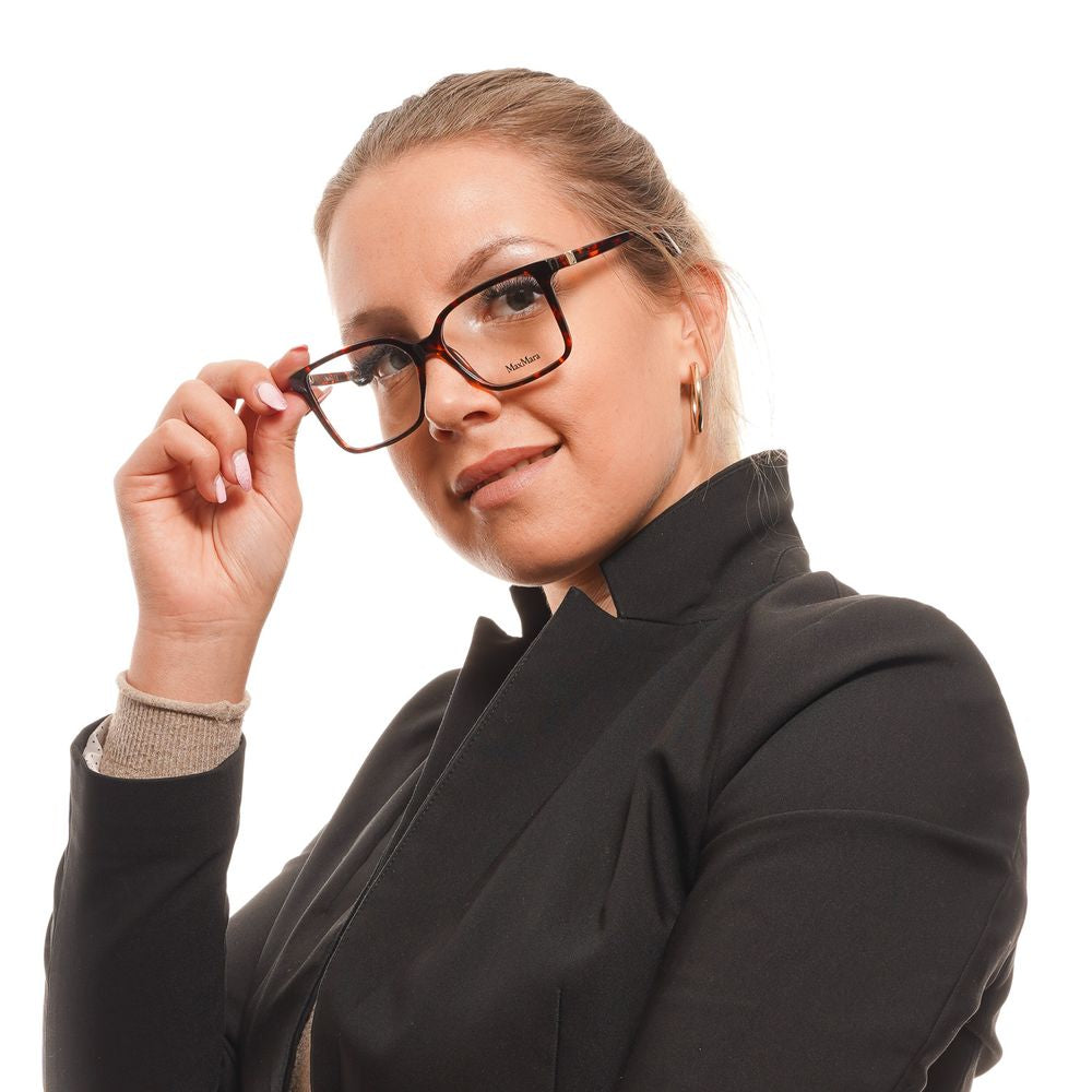 Woman wearing Max Mara Brown Women Glasses Frame with acetate full-rim design, 54-15-140 size, square style, demo lenses.