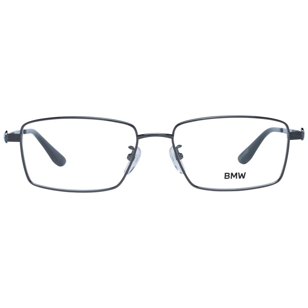 BMW Black Men Glasses Frame in black titanium, rectangle full-rim design, demo lenses, size 56-17-145, includes branded case.