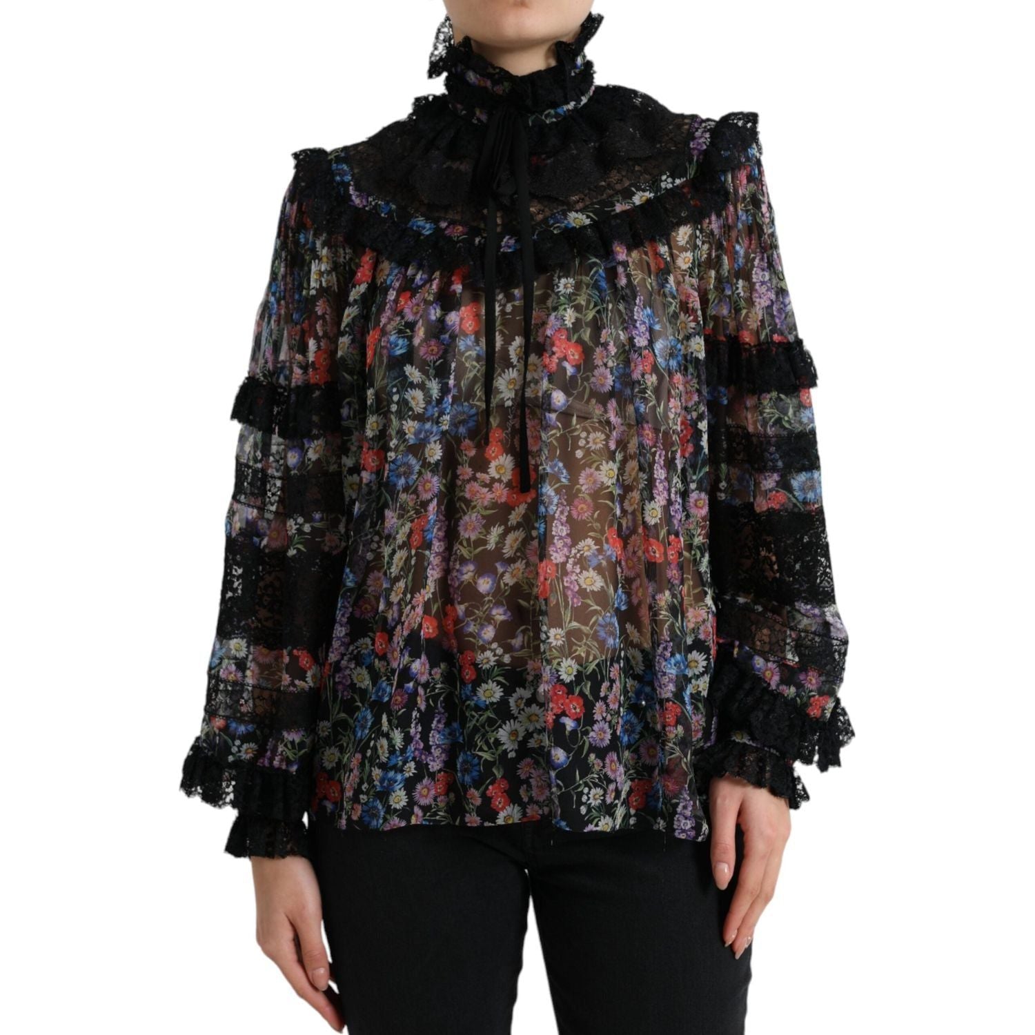 Dolce & Gabbana Black Floral Print Long Sleeves Blouse Top