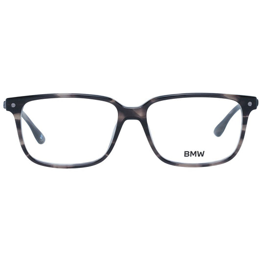 BMW Gray Men Glasses Frame, rectangle full-rim style with plastic material and grey color, includes branded case, size 56-15-145.