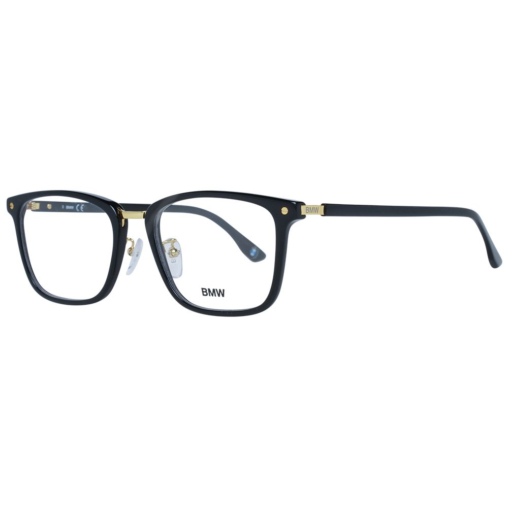 BMW Black Men Glasses Frame, black plastic full-rim rectangle design with branded demo lenses, size 55-19-145, includes branded case.