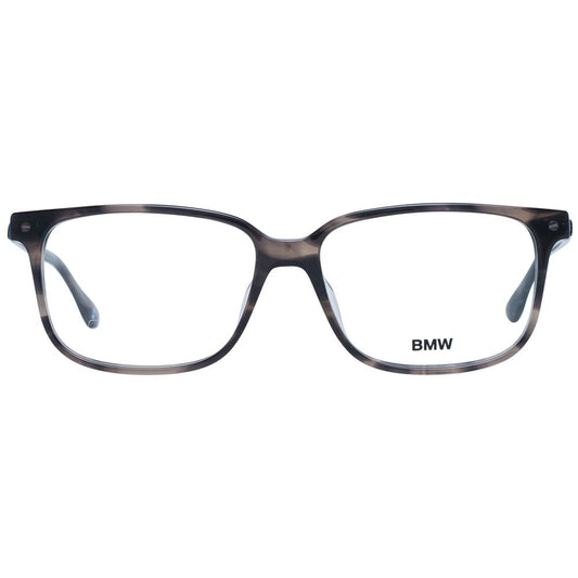BMW Gray Men Glasses Frame in full-rim grey plastic with demo lenses, size 56-15-145, rectangular style, includes branded case.