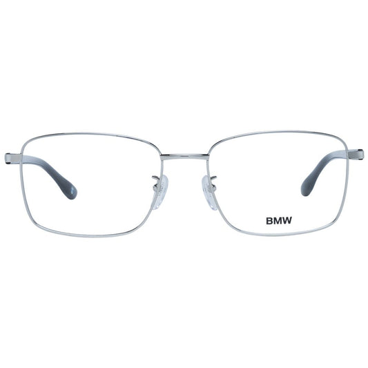BMW Silver Men Glasses Frame, full-rim rectangle style with metal and plastic material, silver color, size 56-18-145.