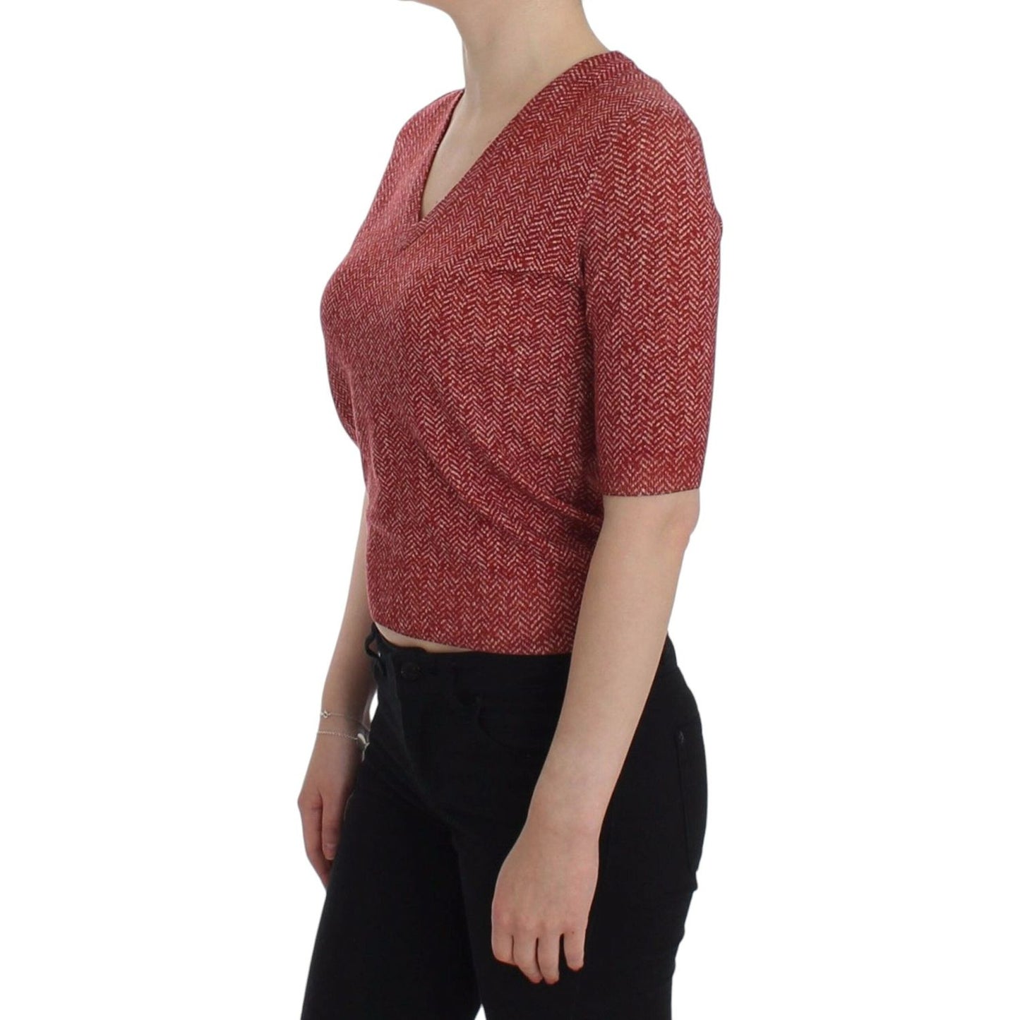 Dolce & Gabbana Red Wool Tweed Short Sleeve Sweater Pullover