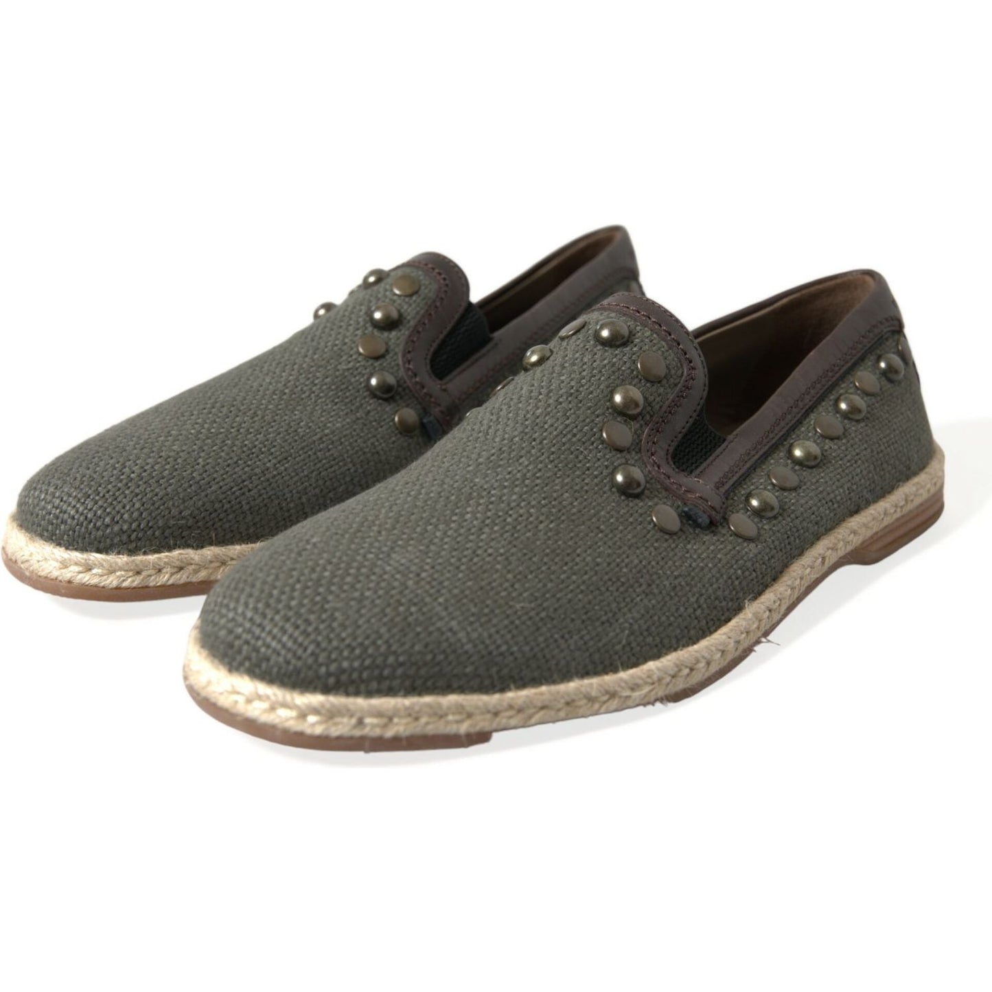 Dolce & Gabbana Gray Linen Leather Studded Loafers Shoes