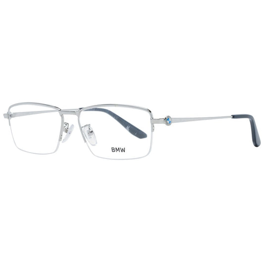 BMW Silver Men Glasses Frame with half-rim style, metal material, and rectangular shape, featuring demo plastic lenses and a sleek design.
