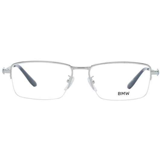 BMW Silver Men Glasses Frame in metal, half-rim rectangle style, silver color, includes branded case, no extra features, size 56-16-150.