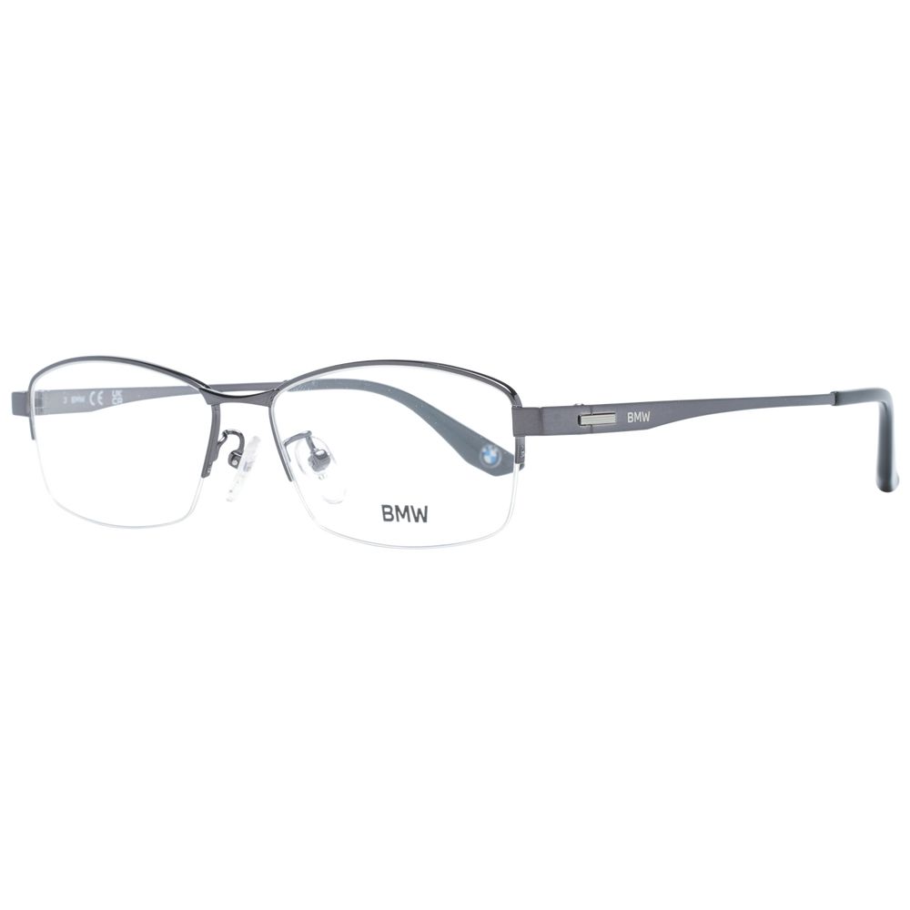 BMW Black Men Glasses Frame, titanium half-rim, black color, rectangle style, with demo plastic lenses, includes branded case.
