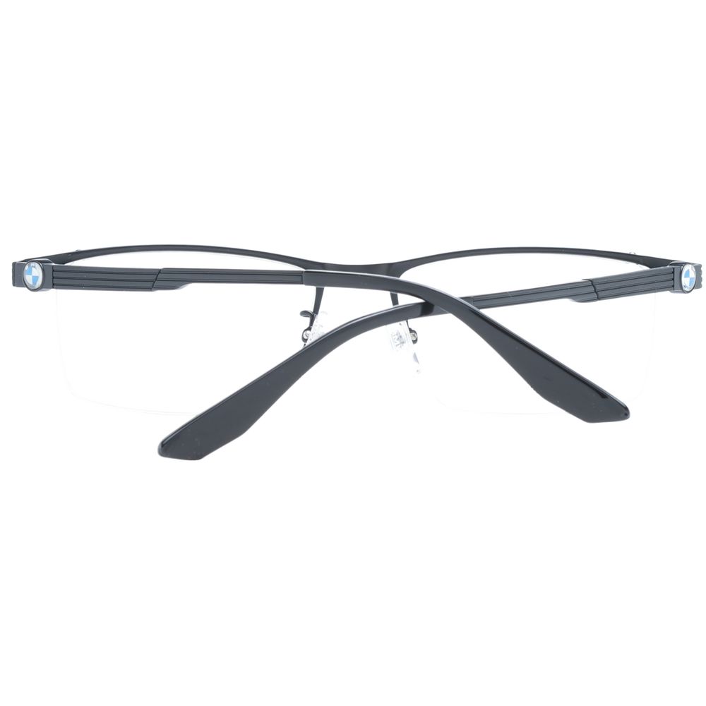 BMW Black Men Glasses Frame, half-rim titanium, rectangle style with black frame and demo lenses, size 55-17-145, includes branded case.