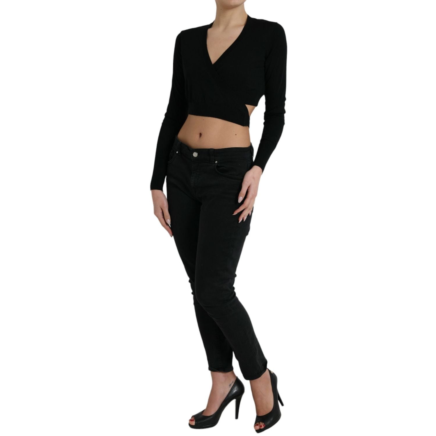 Dolce & Gabbana Black Wool V-neck Crossed Cardigan Sweater