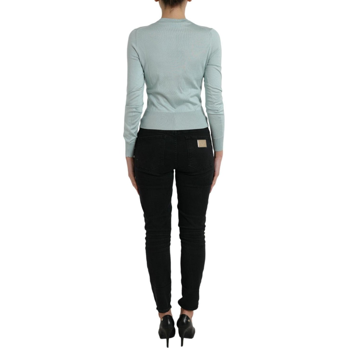 Dolce & Gabbana Light Blue Silk Crew Neck Cardigan Sweater