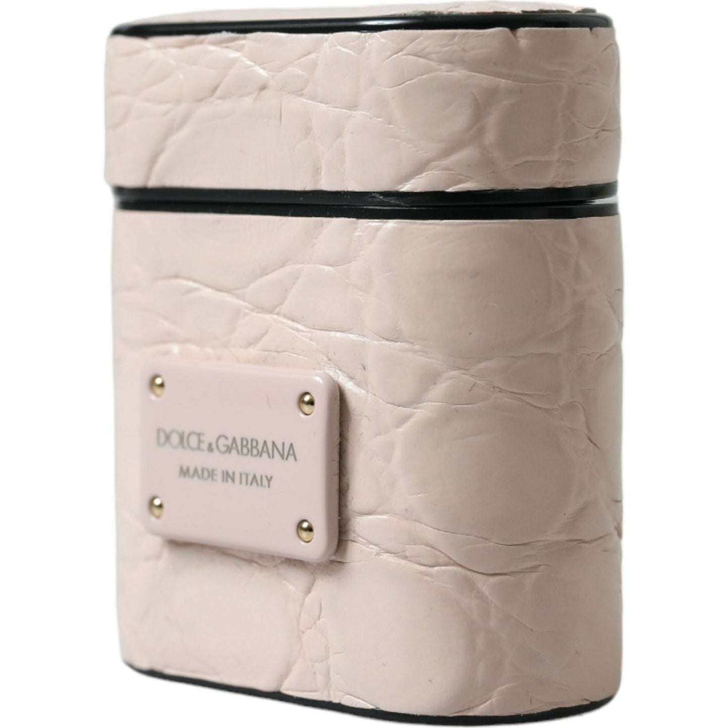 Dolce & Gabbana Light Pink Calf Leather Metal Logo Plaque Airpods Case