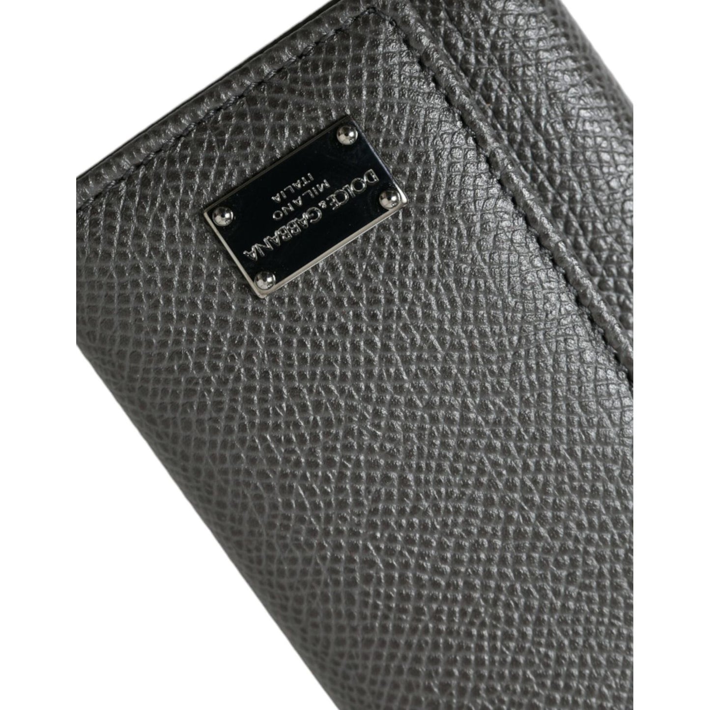 Dolce & Gabbana Gray Leather Silver Metal Logo Plaque Trifold Keyring