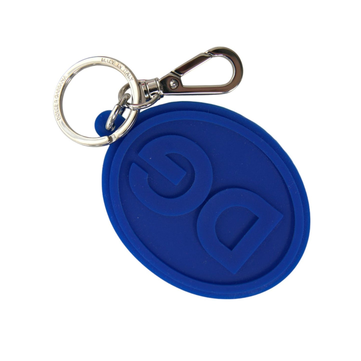 Dolce & Gabbana Blue Rubber DG Logo Silver Brass Metal Keyring Keychain