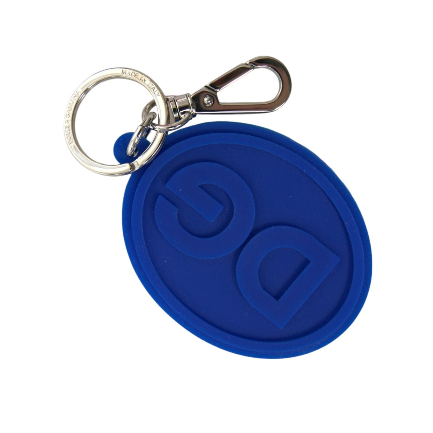 Dolce & Gabbana Blue Rubber DG Logo Silver Brass Metal Keyring Keychain