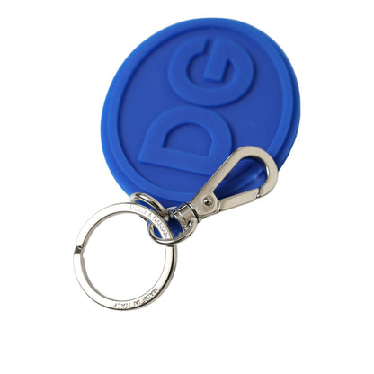 Dolce & Gabbana Blue Rubber DG Logo Silver Brass Metal Keyring Keychain