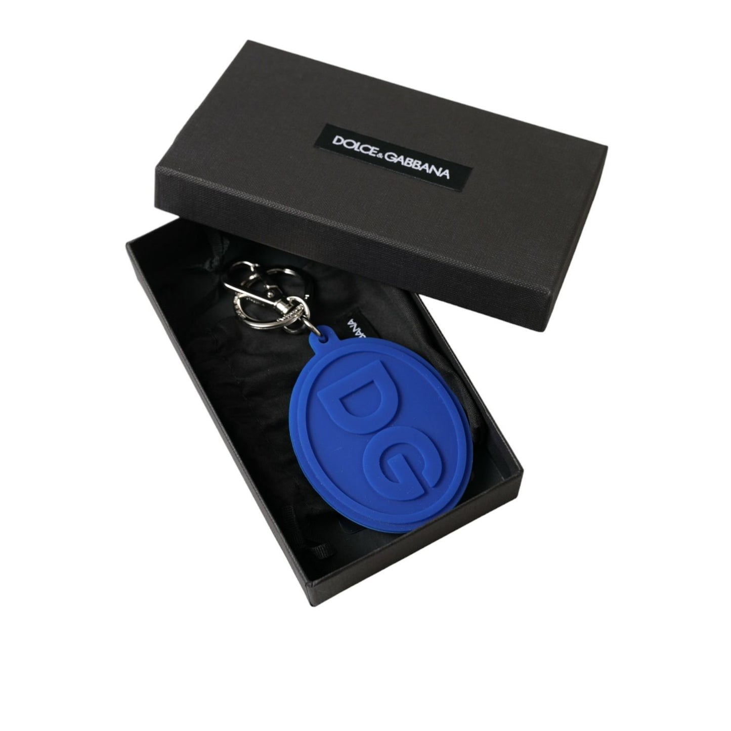 Dolce & Gabbana Blue Rubber DG Logo Silver Brass Metal Keyring Keychain