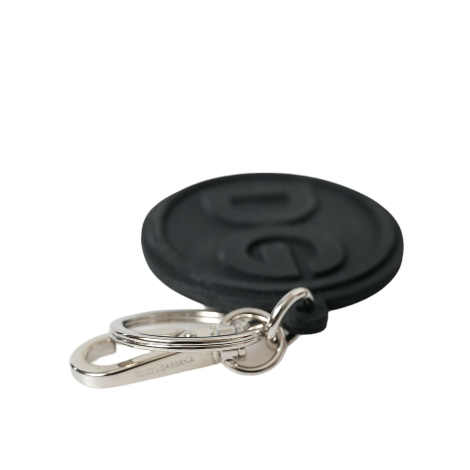 Dolce & Gabbana Black Rubber DG Logo Silver Brass Metal Keyring Keychain