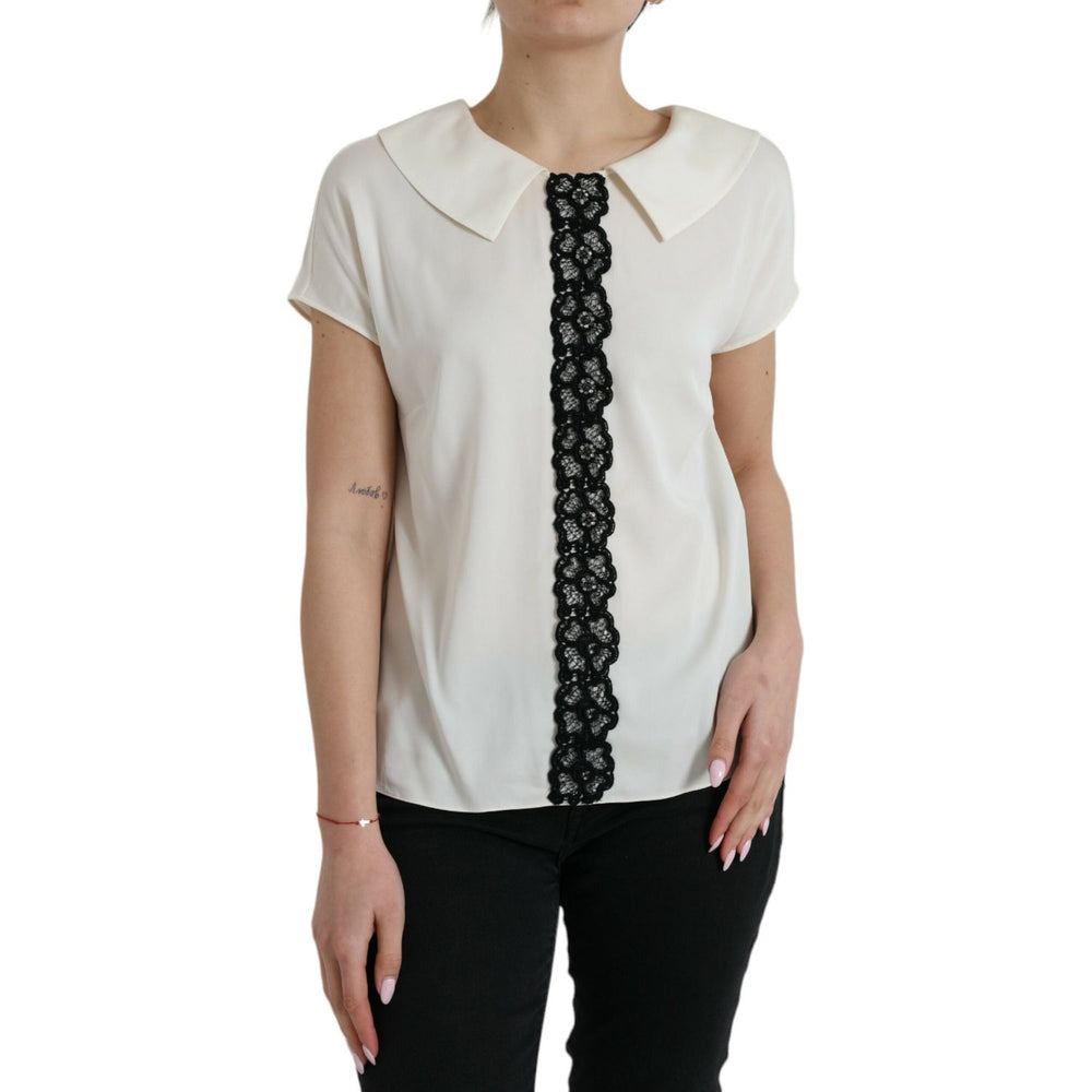 Dolce & Gabbana Off White Silk Lace Trim Short Sleeves Top