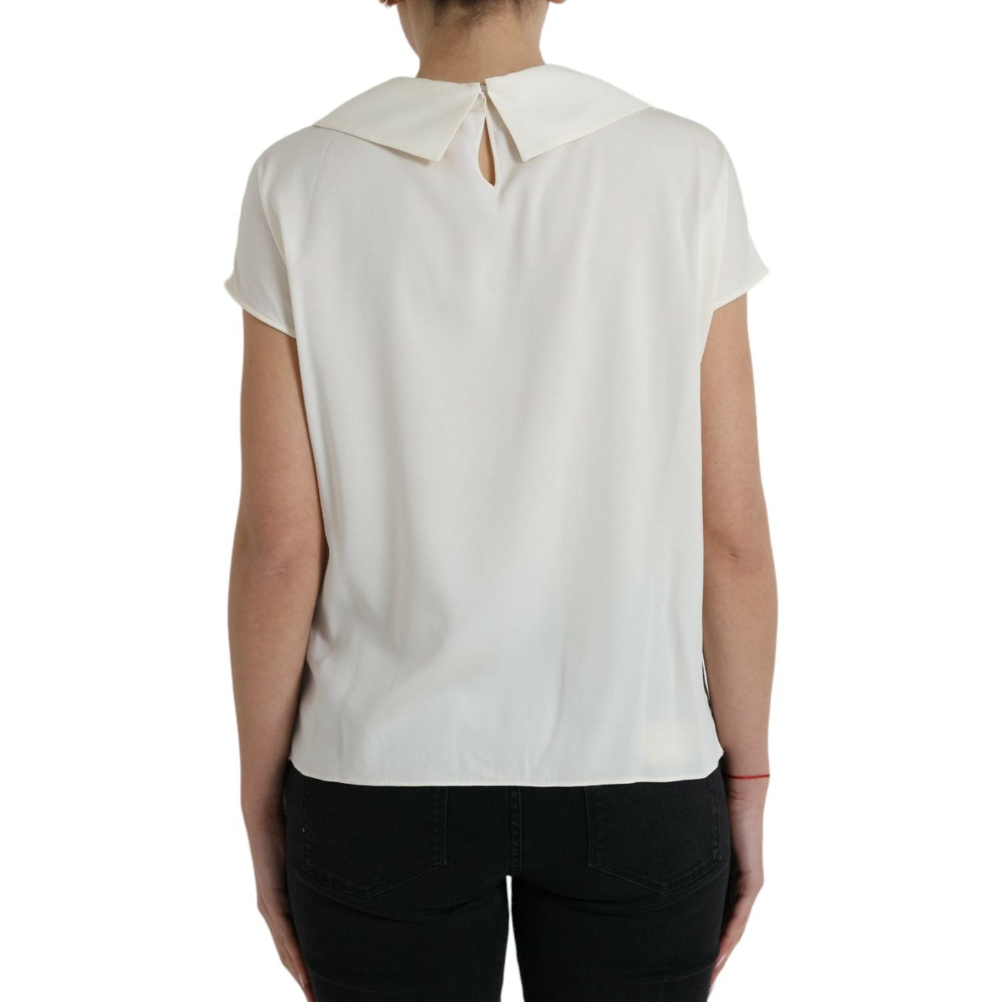Dolce & Gabbana Off White Silk Lace Trim Short Sleeves Top