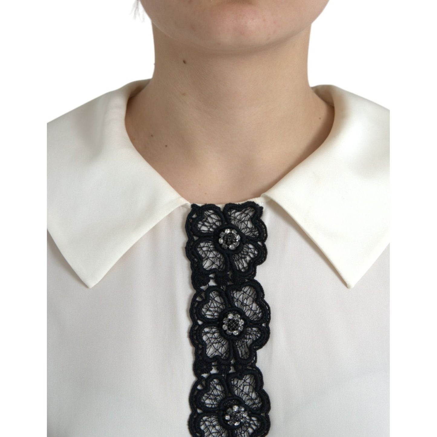 Dolce & Gabbana Off White Silk Lace Trim Short Sleeves Top