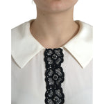Dolce & Gabbana Off White Silk Lace Trim Short Sleeves Top