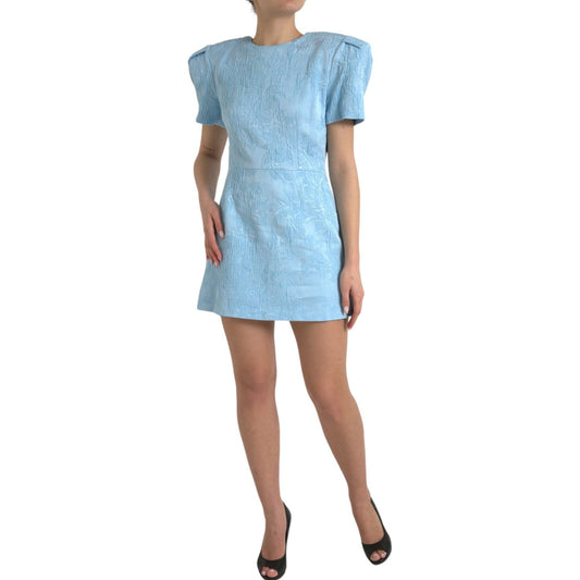 Dolce & Gabbana Light Blue Floral Jacquard Puff Sleeve Mini Dress