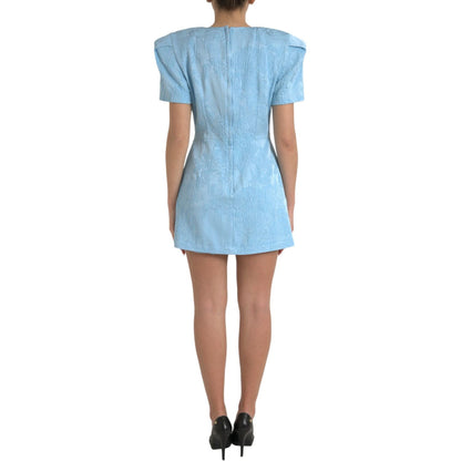 Dolce & Gabbana Light Blue Floral Jacquard Puff Sleeve Mini Dress