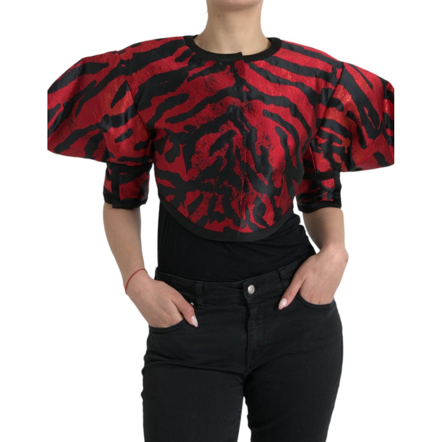 Dolce & Gabbana Black Red Patterned Cropped Coat Jacket Dolce & Gabbana