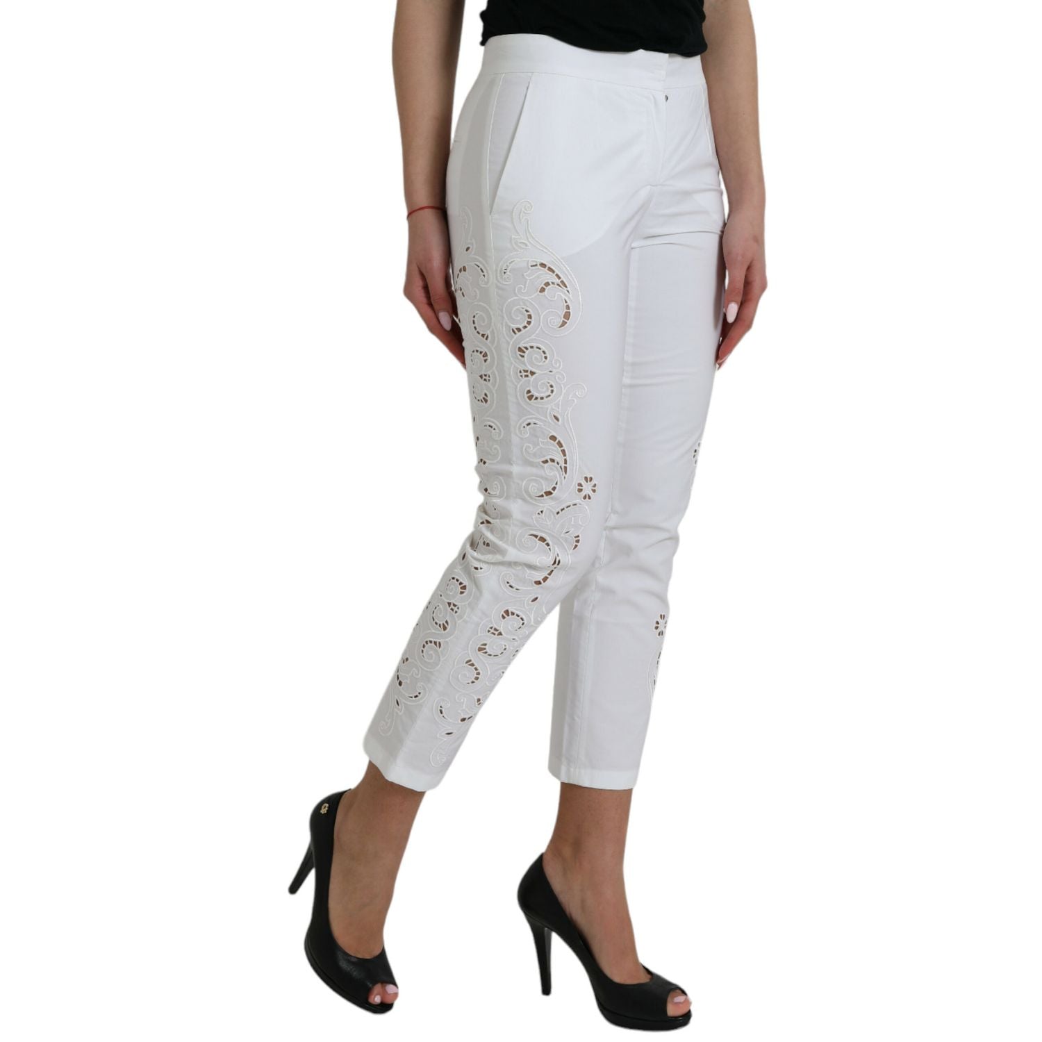 Dolce & Gabbana White Cut Out Cotton Mid Waist Cropped Pants