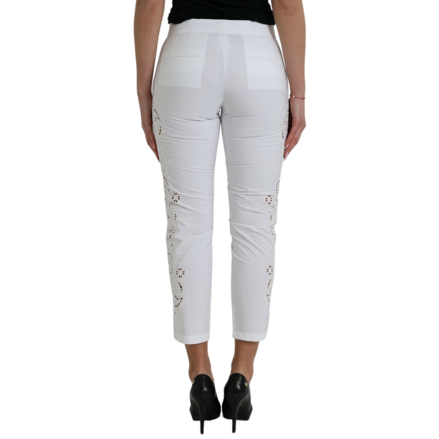 Dolce & Gabbana White Cut Out Cotton Mid Waist Cropped Pants