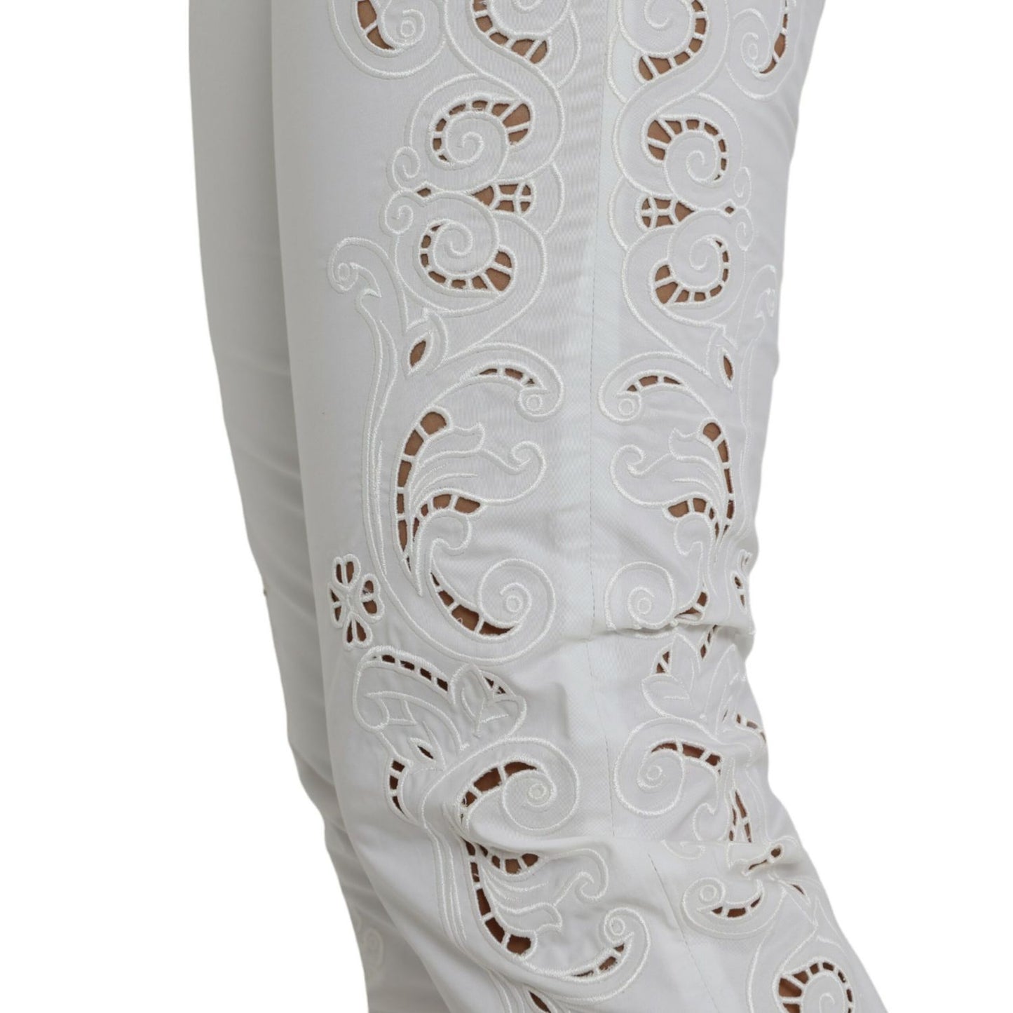 Dolce & Gabbana White Cut Out Cotton Mid Waist Cropped Pants