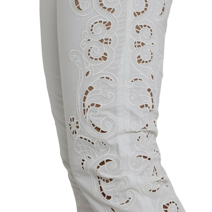 Dolce & Gabbana White Cut Out Cotton Mid Waist Cropped Pants