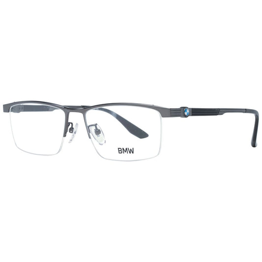 BMW Gray Men Glasses Frame in gunmetal titanium half-rim style with branded case, perfect for style and comfort.