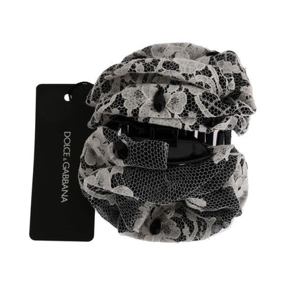 Dolce Gabbana floral lace hair claw with black and white design, featuring lace and crystal embellishments, brand new with tags.