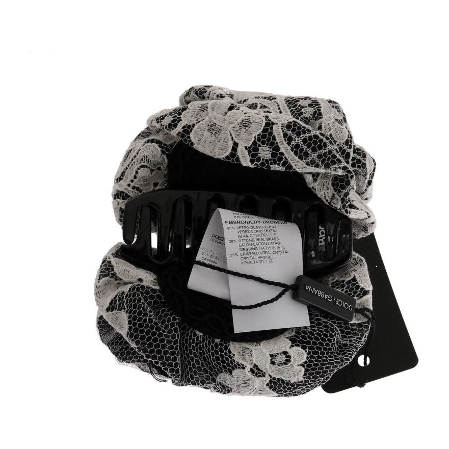 Dolce Gabbana floral lace hair claw featuring black and white floral design and crystal detailing.