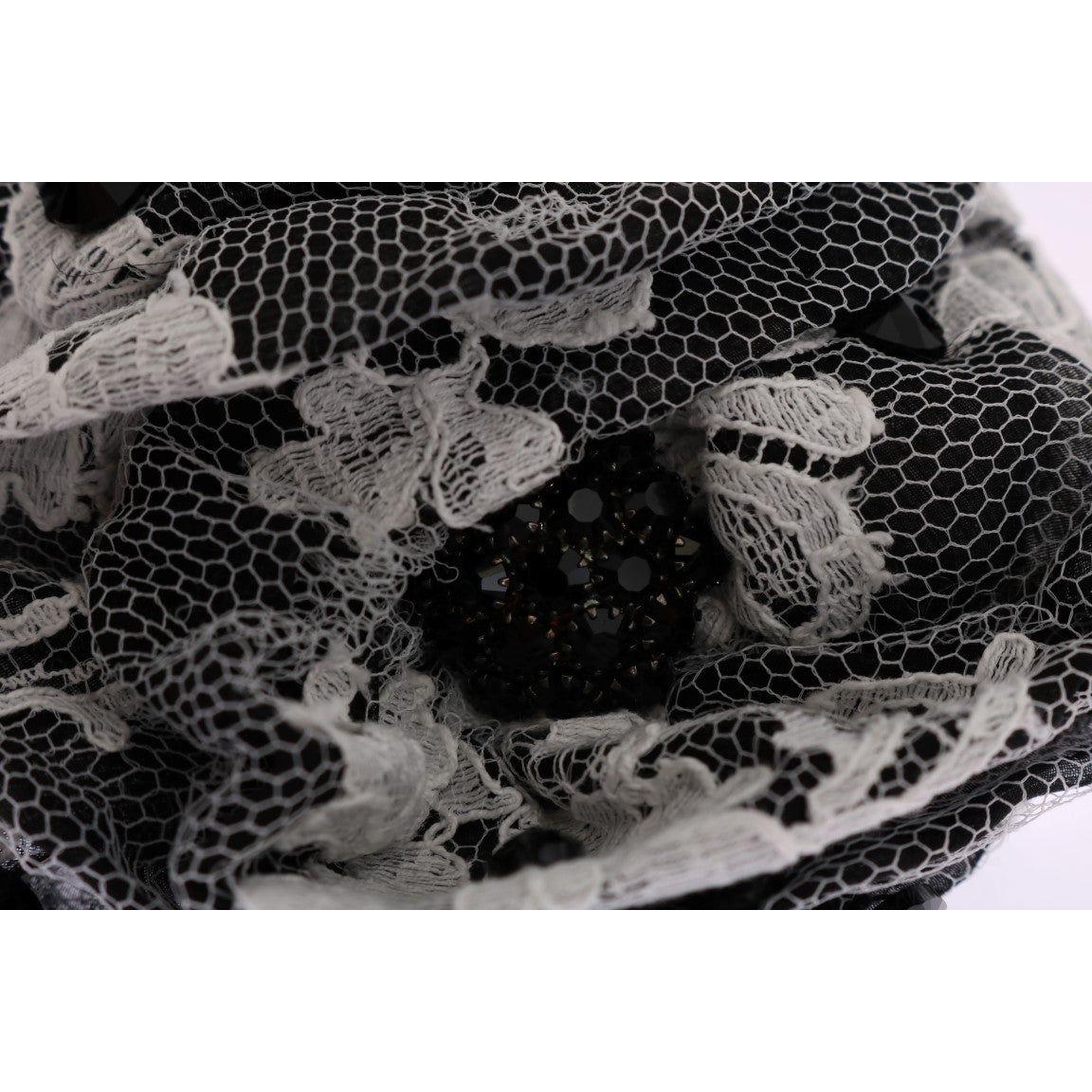 Dolce Gabbana floral lace hair claw featuring black and white lace with crystal embellishments.