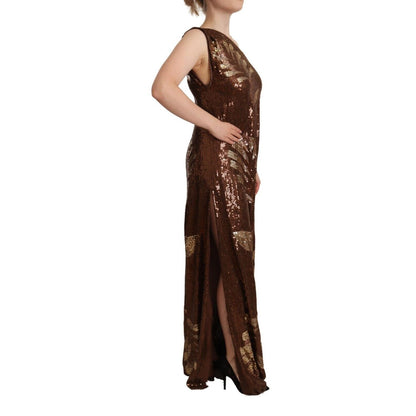 Dsquared² Brown Leaf Sequined Shift One Shoulder Long Dress
