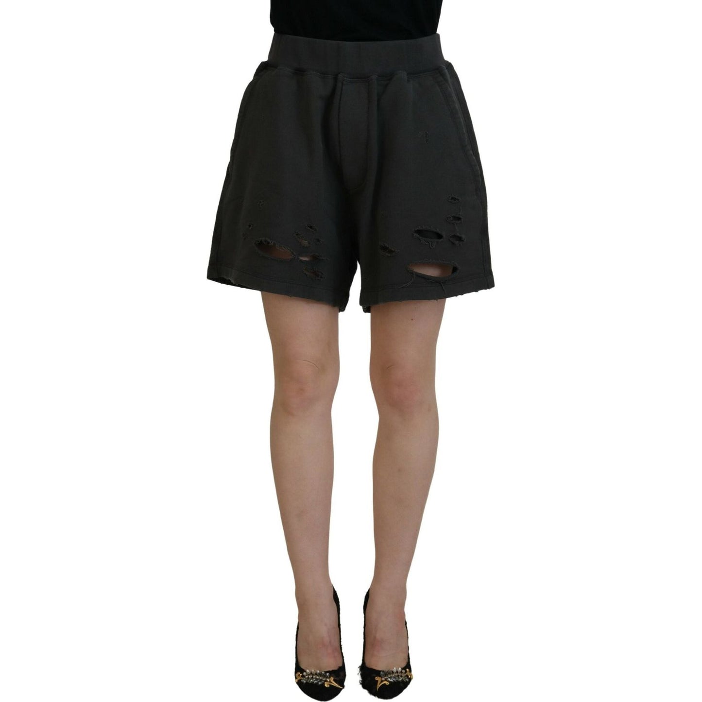 Dsquared² Black Cotton Mid Waist Tattered Tapered Shorts