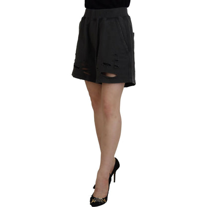 Dsquared² Black Cotton Mid Waist Tattered Tapered Shorts