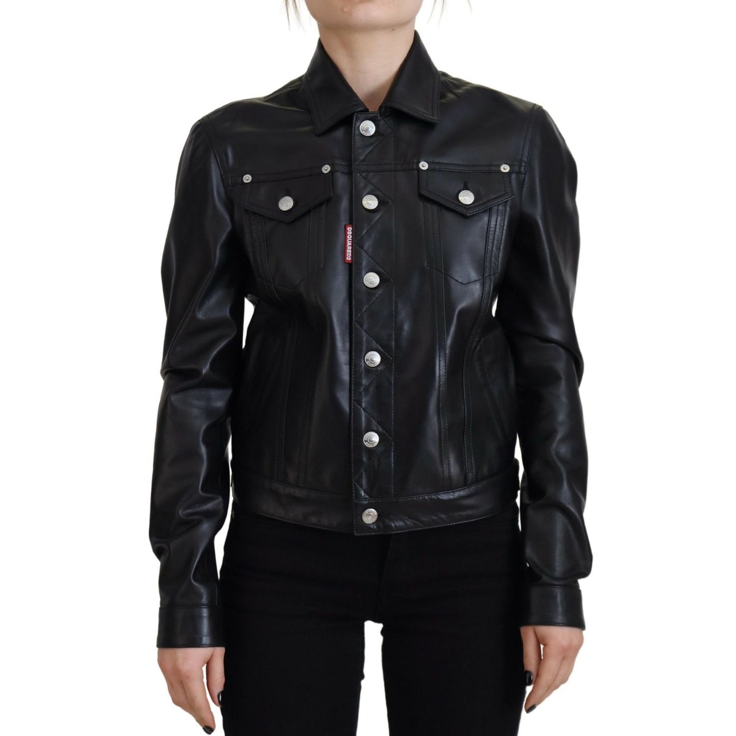 Dsquared² Black Leather Collared Long Sleeves Jacket