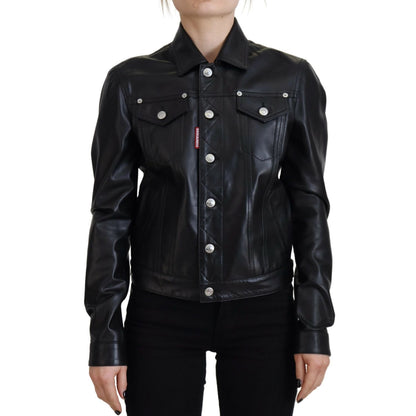 Dsquared² Black Leather Collared Long Sleeves Jacket